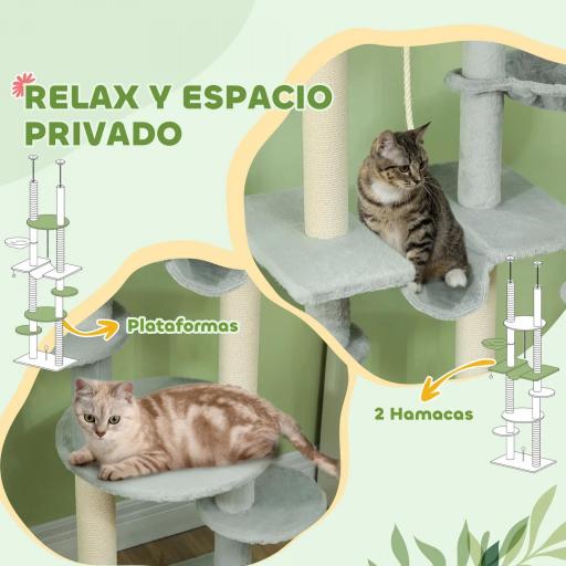 Árbol para Gatos de Suelo a Techo 225-255 cm con Hamacas Plataformas Juguete de Cuerda Bola de Juguete Gris [4]