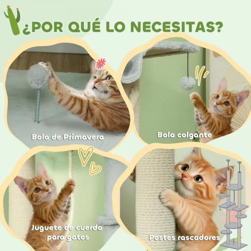 Árbol para Gatos de Suelo a Techo 225-255 cm con Hamacas Plataformas Juguete de Cuerda Bola de Juguete Gris [6]