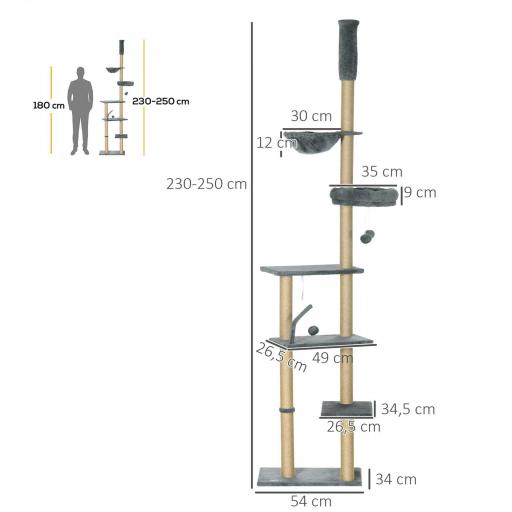 Árbol para Gatos de Suelo a Techo de 230-250 cm con Altura Ajustable Múltiples Plataformas Cestos Hamaca Bolas Gris [1]