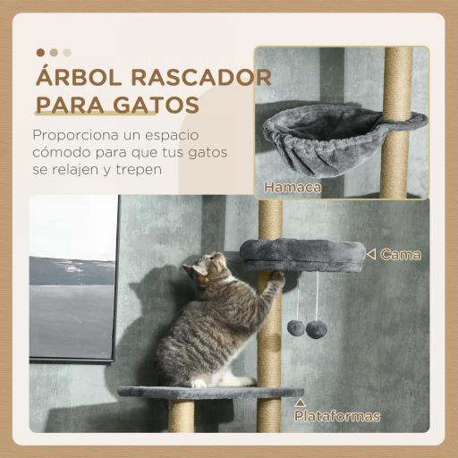 Árbol para Gatos de Suelo a Techo de 230-250 cm con Altura Ajustable Múltiples Plataformas Cestos Hamaca Bolas Gris [5]