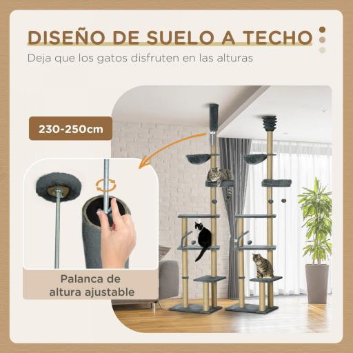 Árbol para Gatos de Suelo a Techo de 230-250 cm con Altura Ajustable Múltiples Plataformas Cestos Hamaca Bolas Gris [2]