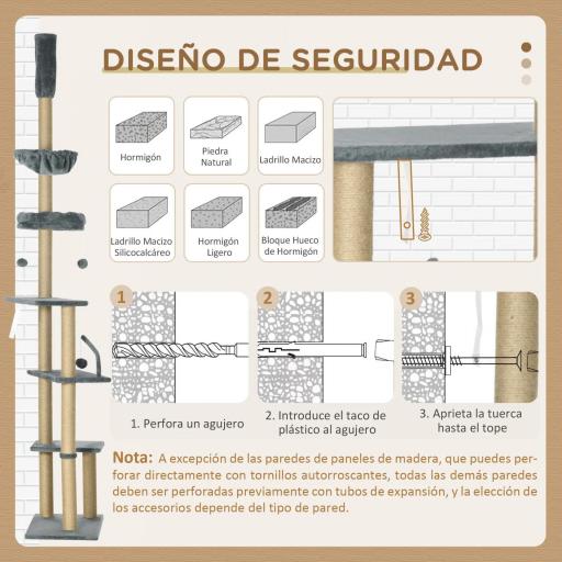 Árbol para Gatos de Suelo a Techo de 230-250 cm con Altura Ajustable Múltiples Plataformas Cestos Hamaca Bolas Gris [3]