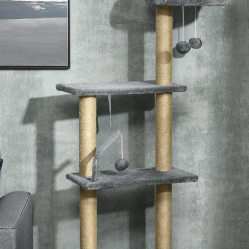 Árbol para Gatos de Suelo a Techo de 230-250 cm con Altura Ajustable Múltiples Plataformas Cestos Hamaca Bolas Gris [6]