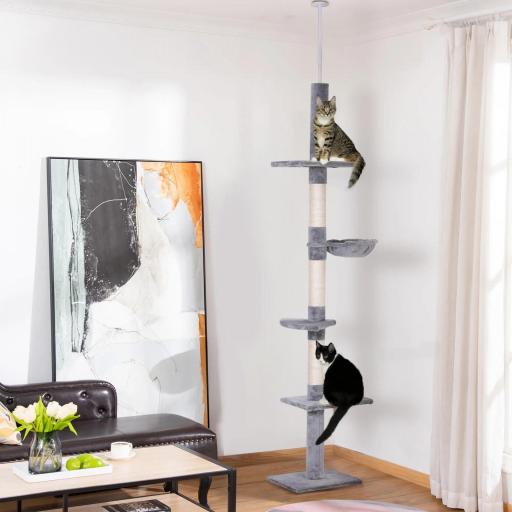 Árbol para Gatos de Suelo al Techo de 230-260 cm con Altura Ajustable Plataformas Hamaca y Postes de Sisal Gris