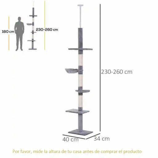 Árbol para Gatos de Suelo al Techo de 230-260 cm con Altura Ajustable Plataformas Hamaca y Postes de Sisal Gris [1]