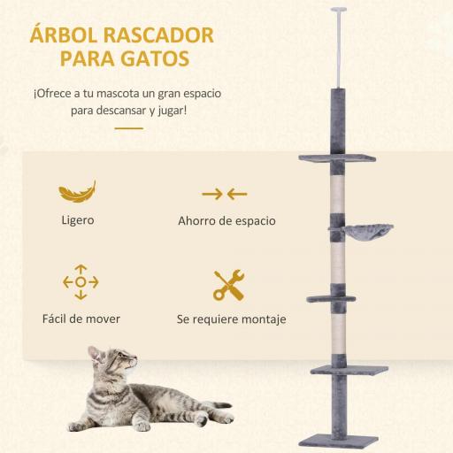 Árbol para Gatos de Suelo al Techo de 230-260 cm con Altura Ajustable Plataformas Hamaca y Postes de Sisal Gris [5]