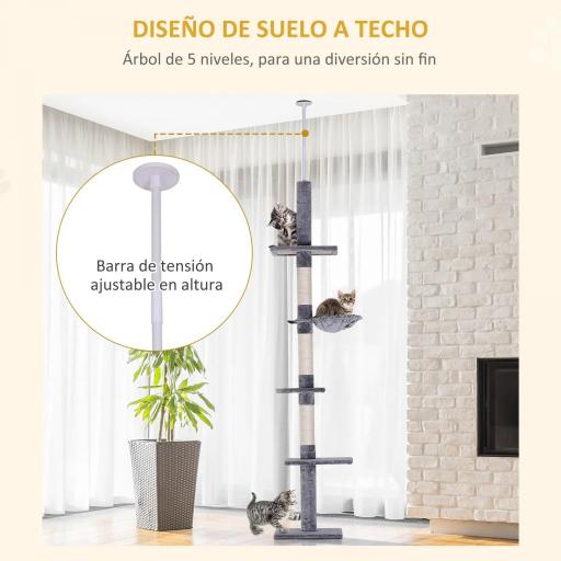 Árbol para Gatos de Suelo al Techo de 230-260 cm con Altura Ajustable Plataformas Hamaca y Postes de Sisal Gris [2]