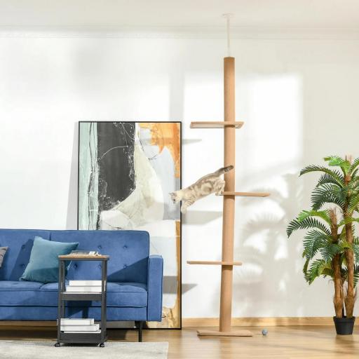 Árbol Rascador para Gatos de Suelo a Techo Torre para Gatos con Altura Ajustable 43x27x228-260 cm Marrón Claro y Beige