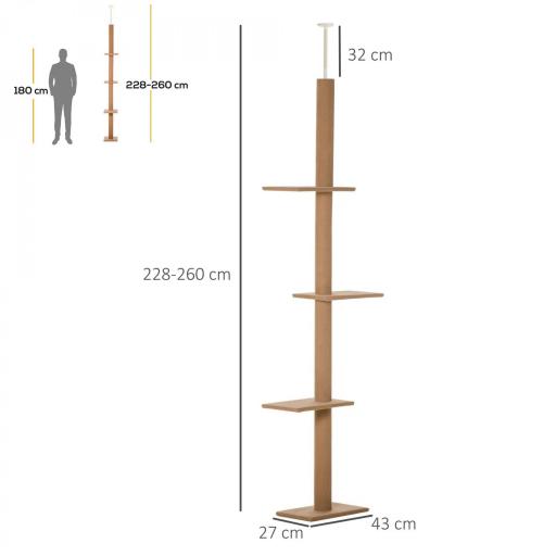 Árbol Rascador para Gatos de Suelo a Techo Torre para Gatos con Altura Ajustable 43x27x228-260 cm Marrón Claro y Beige [1]