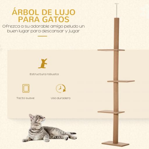 Árbol Rascador para Gatos de Suelo a Techo Torre para Gatos con Altura Ajustable 43x27x228-260 cm Marrón Claro y Beige [2]