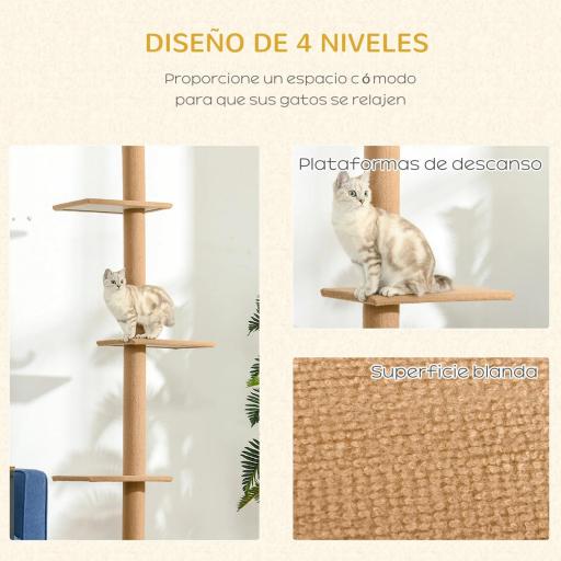 Árbol Rascador para Gatos de Suelo a Techo Torre para Gatos con Altura Ajustable 43x27x228-260 cm Marrón Claro y Beige [5]