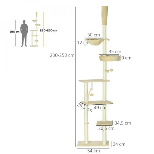 Árbol para Gatos de Suelo a Techo de 230-250 cm con Altura Ajustable Múltiples Plataformas Cestos Hamaca Bolas Beige [1]
