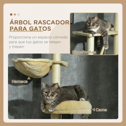 Árbol para Gatos de Suelo a Techo de 230-250 cm con Altura Ajustable Múltiples Plataformas Cestos Hamaca Bolas Beige [2]