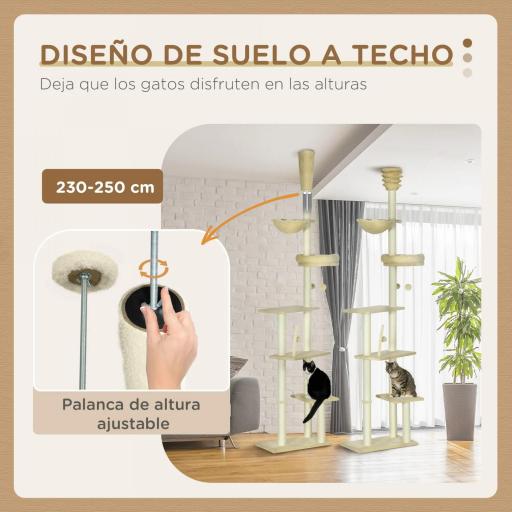 Árbol para Gatos de Suelo a Techo de 230-250 cm con Altura Ajustable Múltiples Plataformas Cestos Hamaca Bolas Beige [5]