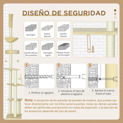 Árbol para Gatos de Suelo a Techo de 230-250 cm con Altura Ajustable Múltiples Plataformas Cestos Hamaca Bolas Beige [4]