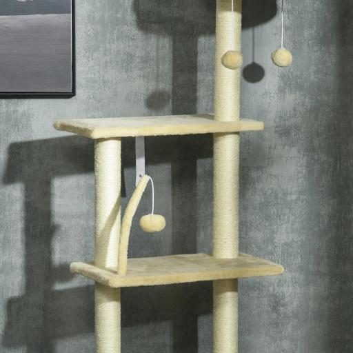 Árbol para Gatos de Suelo a Techo de 230-250 cm con Altura Ajustable Múltiples Plataformas Cestos Hamaca Bolas Beige [7]