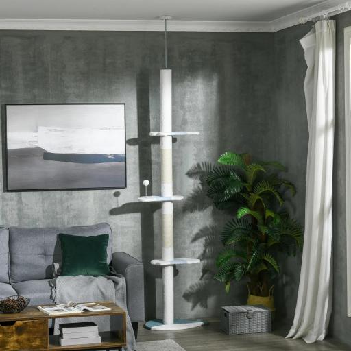 Árbol Rascador para Gatos de Suelo a Techo Ajustable con 3 Plataforma de Forma de Ola y 1 Bola 55x38x225-255 cm Blanco