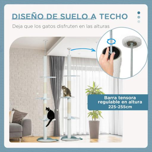 Árbol Rascador para Gatos de Suelo a Techo Ajustable con 3 Plataforma de Forma de Ola y 1 Bola 55x38x225-255 cm Blanco [5]