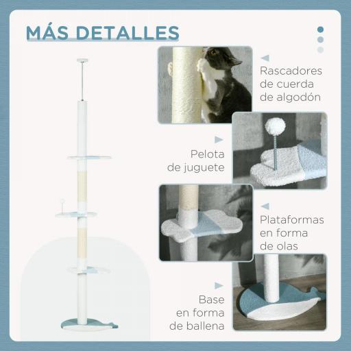 Árbol Rascador para Gatos de Suelo a Techo Ajustable con 3 Plataforma de Forma de Ola y 1 Bola 55x38x225-255 cm Blanco [4]