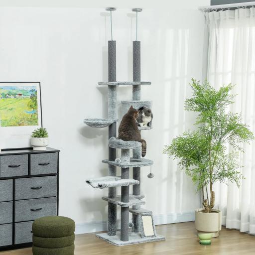Árbol para Gatos de Suelo a Techo de 225-255 cm con Altura Ajustable Plataformas Cueva Cama Hamaca Rampa Bolas Gris