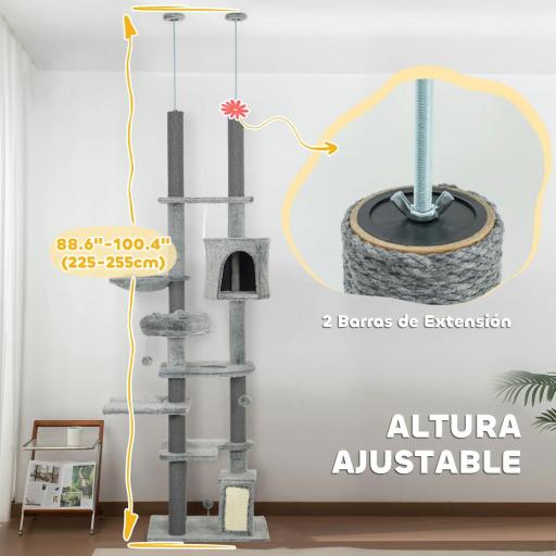 Árbol para Gatos de Suelo a Techo de 225-255 cm con Altura Ajustable Plataformas Cueva Cama Hamaca Rampa Bolas Gris [2]