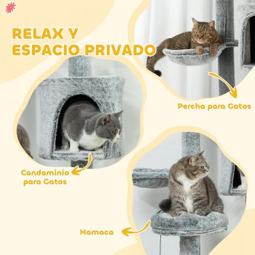 Árbol para Gatos de Suelo a Techo de 225-255 cm con Altura Ajustable Plataformas Cueva Cama Hamaca Rampa Bolas Gris [1]