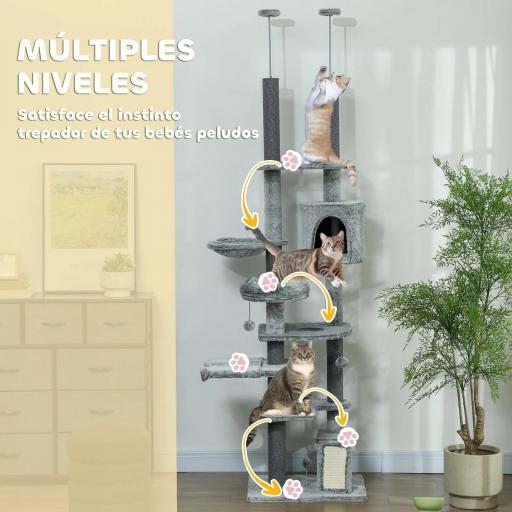 Árbol para Gatos de Suelo a Techo de 225-255 cm con Altura Ajustable Plataformas Cueva Cama Hamaca Rampa Bolas Gris [3]