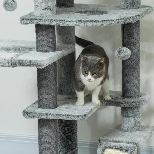 Árbol para Gatos de Suelo a Techo de 225-255 cm con Altura Ajustable Plataformas Cueva Cama Hamaca Rampa Bolas Gris [7]