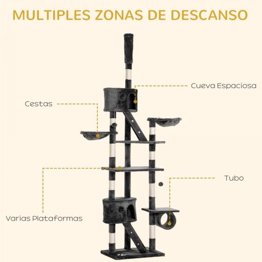 Árbol para Gatos de Suelo a Techo de 240-260 cm con Altura Ajustable Múltiples Plataformas Cuevas Cestos y Rampas Gris [2]