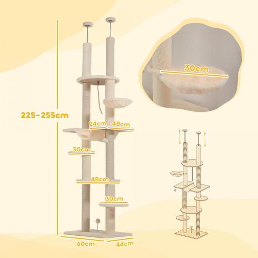 Árbol para Gatos de Suelo a Techo 225-255 cm con Hamacas Plataformas Juguete de Cuerda Bola de Juguete Beige y Gris [4]