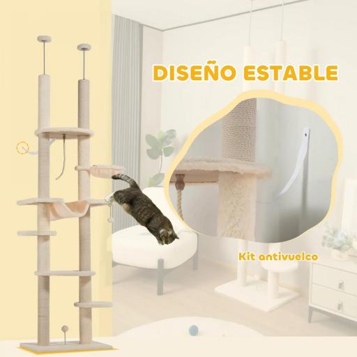 Árbol para Gatos de Suelo a Techo 225-255 cm con Hamacas Plataformas Juguete de Cuerda Bola de Juguete Beige y Gris [2]