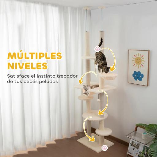 Árbol para Gatos de Suelo a Techo 225-255 cm con Hamacas Plataformas Juguete de Cuerda Bola de Juguete Beige y Gris [6]