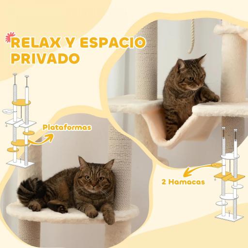 Árbol para Gatos de Suelo a Techo 225-255 cm con Hamacas Plataformas Juguete de Cuerda Bola de Juguete Beige y Gris [1]