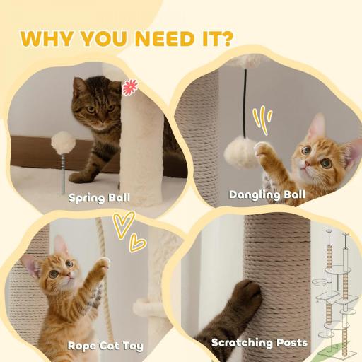 Árbol para Gatos de Suelo a Techo 225-255 cm con Hamacas Plataformas Juguete de Cuerda Bola de Juguete Beige y Gris [5]