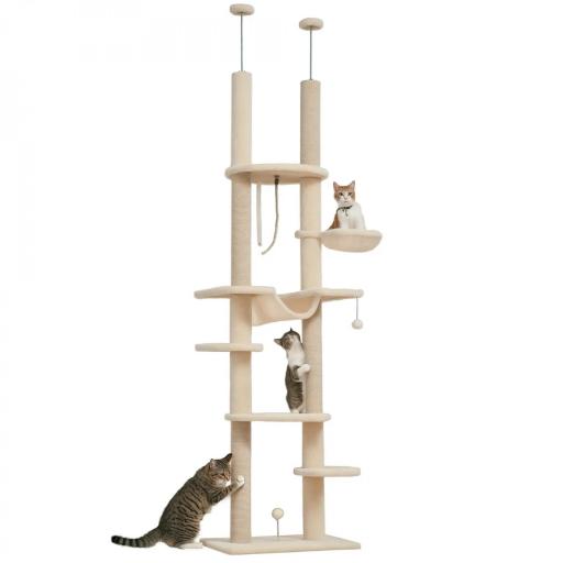 Árbol para Gatos de Suelo a Techo 225-255 cm con Hamacas Plataformas Juguete de Cuerda Bola de Juguete Beige y Gris [8]