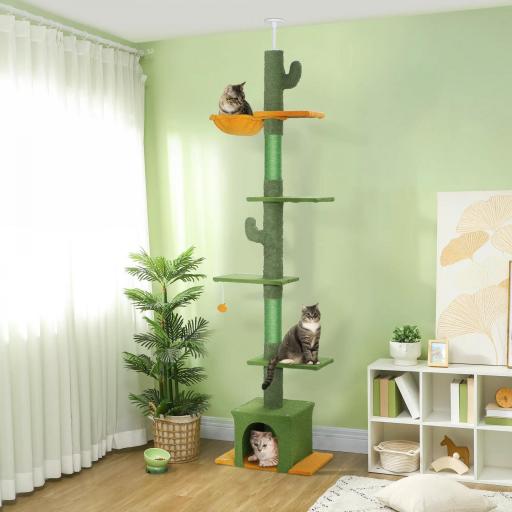Árbol para Gatos de Suelo a Techo de 230-275 cm con Altura Ajustable Plataformas Cueva Hamaca Postes Bolas Verde