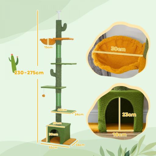 Árbol para Gatos de Suelo a Techo de 230-275 cm con Altura Ajustable Plataformas Cueva Hamaca Postes Bolas Verde [1]