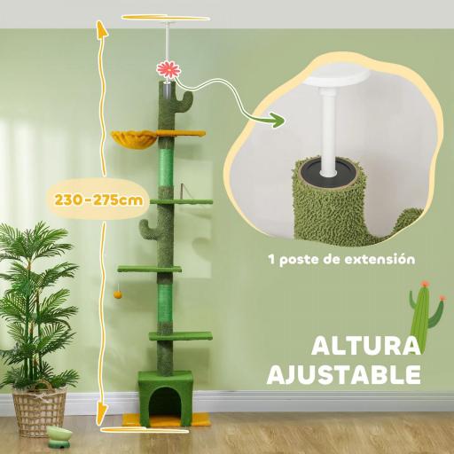 Árbol para Gatos de Suelo a Techo de 230-275 cm con Altura Ajustable Plataformas Cueva Hamaca Postes Bolas Verde [6]