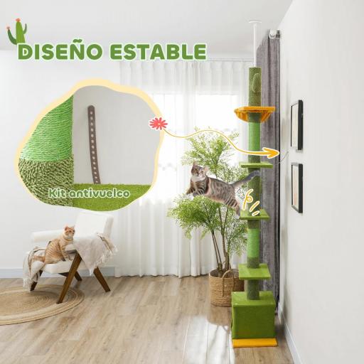 Árbol para Gatos de Suelo a Techo de 230-275 cm con Altura Ajustable Plataformas Cueva Hamaca Postes Bolas Verde [3]