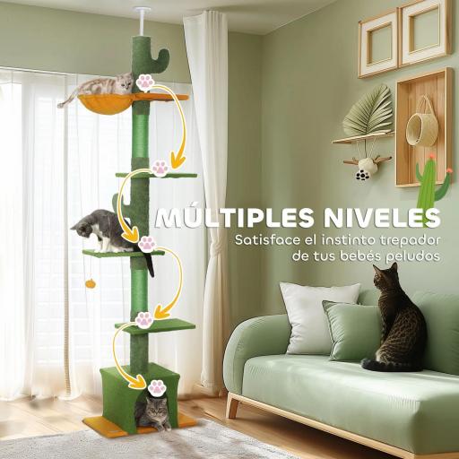 Árbol para Gatos de Suelo a Techo de 230-275 cm con Altura Ajustable Plataformas Cueva Hamaca Postes Bolas Verde [4]