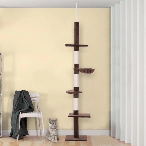Árbol para Gatos de Suelo a Techo de 230-260 cm con Altura Ajustable Plataformas Hamaca y Postes de Sisal Marrón