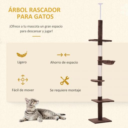 Árbol para Gatos de Suelo a Techo de 230-260 cm con Altura Ajustable Plataformas Hamaca y Postes de Sisal Marrón [4]