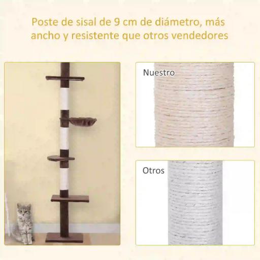 Árbol para Gatos de Suelo a Techo de 230-260 cm con Altura Ajustable Plataformas Hamaca y Postes de Sisal Marrón [5]