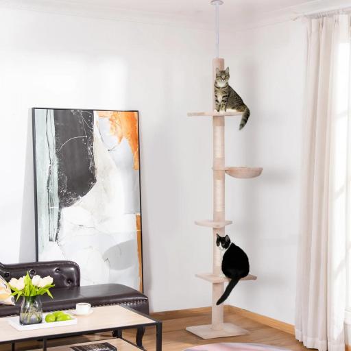 Árbol para Gatos de Suelo a Techo de 230-260 cm con Altura Ajustable Plataformas Hamaca y Postes de Sisal Beige