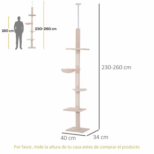 Árbol para Gatos de Suelo a Techo de 230-260 cm con Altura Ajustable Plataformas Hamaca y Postes de Sisal Beige [1]