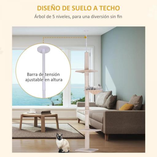 Árbol para Gatos de Suelo a Techo de 230-260 cm con Altura Ajustable Plataformas Hamaca y Postes de Sisal Beige [4]