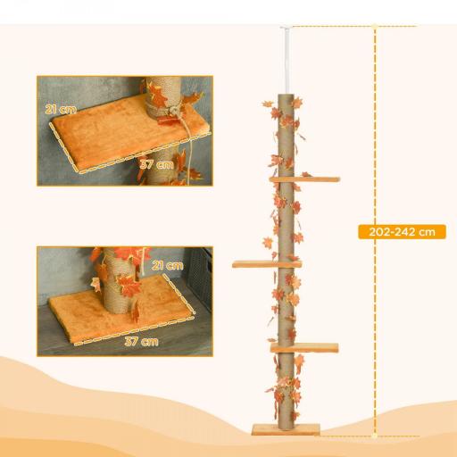 Árbol para Gatos de Suelo a Techo de 202-242 cm con 3 Plataformas Altura Ajustable y Decoración de Hoja de Arce Naranja [2]