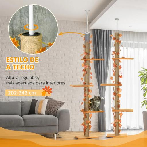 Árbol para Gatos de Suelo a Techo de 202-242 cm con 3 Plataformas Altura Ajustable y Decoración de Hoja de Arce Naranja [4]
