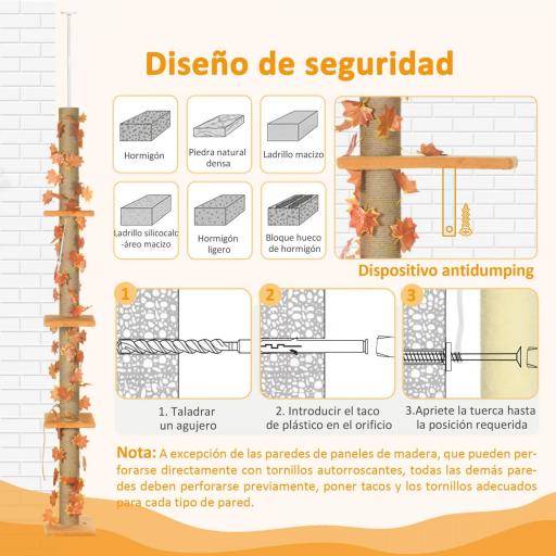 Árbol para Gatos de Suelo a Techo de 202-242 cm con 3 Plataformas Altura Ajustable y Decoración de Hoja de Arce Naranja [6]