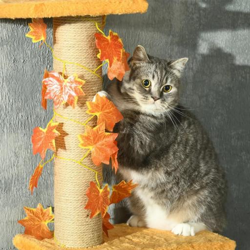 Árbol para Gatos de Suelo a Techo de 202-242 cm con 3 Plataformas Altura Ajustable y Decoración de Hoja de Arce Naranja [7]
